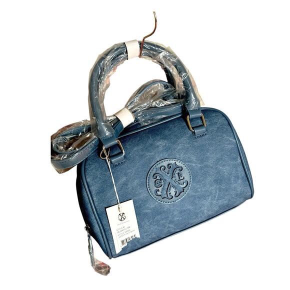 CXL Christian Lacroix Jasper Barrel Satchel Crossbody Denim Blue NWT NEW MSRP 98 - Picture 1 of 6